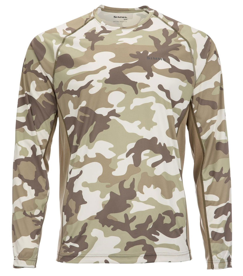 Simms_Solarflex_LS_Crewneck_Prints_Langarmhemd_woodland_camo_sandbar_1 Simms Solarflex LS Crewneck Prints Langarmhemd woodland camo sandbar