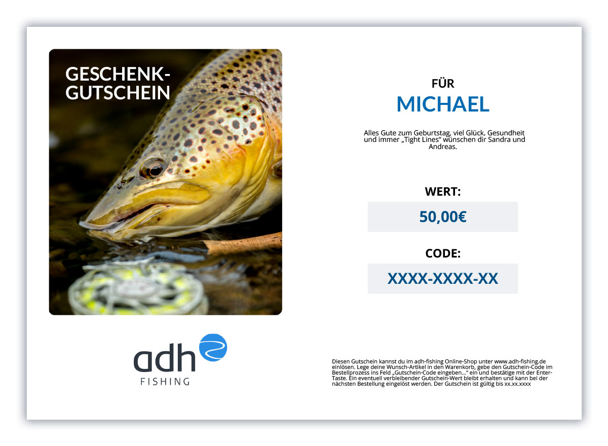 adh-fishing Warengutschein zum Ausdrucken (Motiv und Wert wählbar)