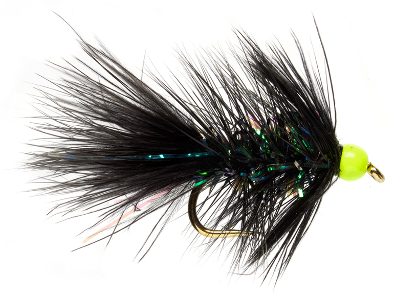 Fulling_Mill_Shimmer_Bugger_Black_-_Chartreuse_bead Bindebeispiel