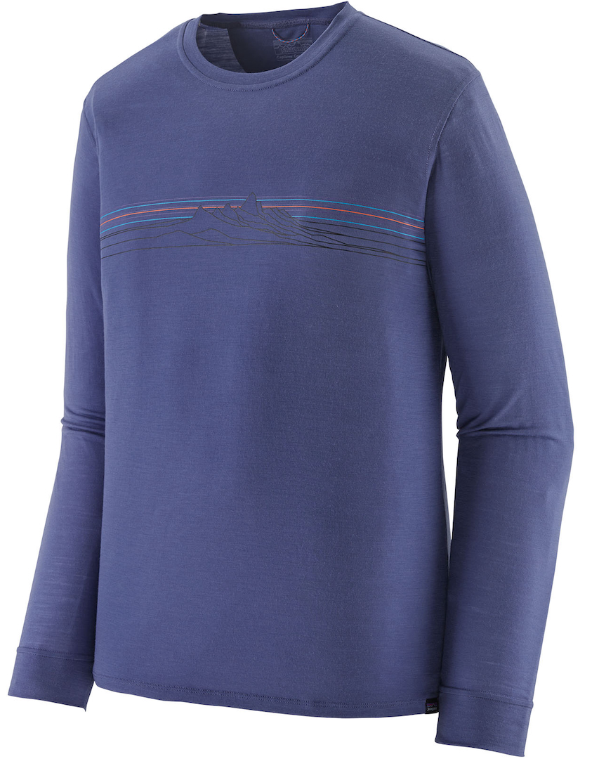 P-28152_Patagonia_Cap_Cool_Merino_Blend_Graphic_Shirt_Trata_Stripe_STPU_ Patagonia M's L/S Cap Cool Merino Blend Graphic Shirt STPU - Strata Stripe: Solstice Purple