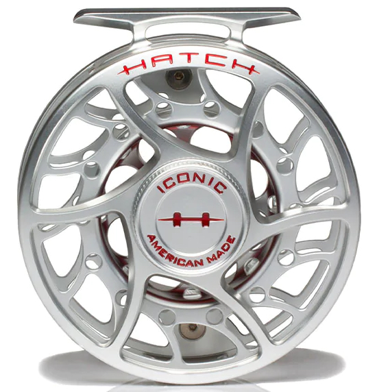 P-23104_Hatch_Iconic_Fliegenrolle_5Plus-Clear-Red_ Hatch Iconic Fly Reel Fliegenrolle Mid Arbor clear/red